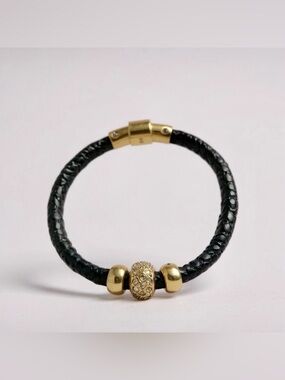 HENRI BENDEL Black Sparkly Leather Bracelet Gold Crystal Bead R $148